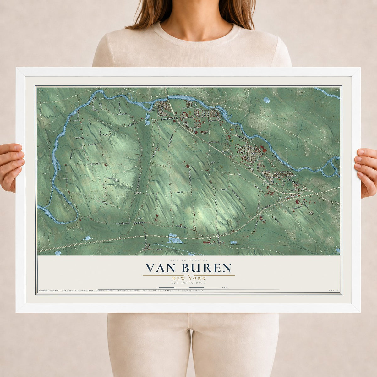 Van Buren, New York map print, 18" x 24" W/ White Ayous Wood Frame mockup