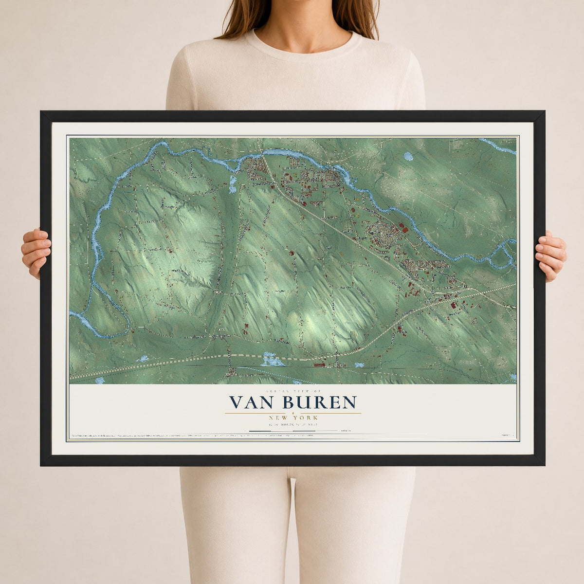 Van Buren, New York map print, 24" x 36" W/ Black Ayous Wood Frame mockup