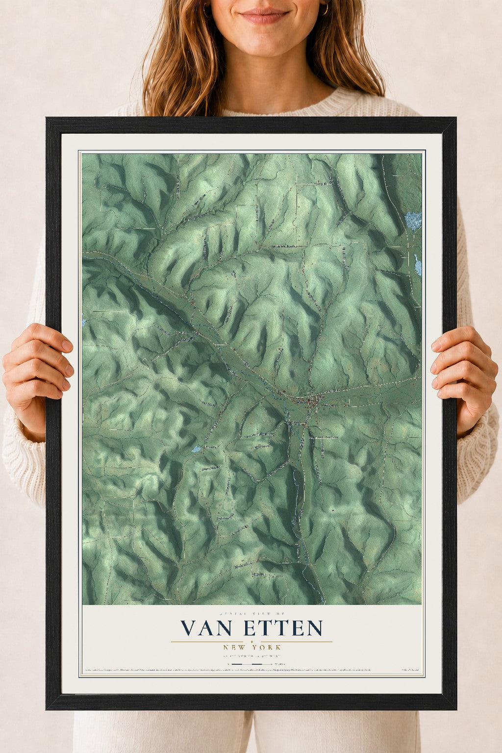 Van Etten, New York map print, 18" x 24" W/ Black Ayous Wood Frame mockup