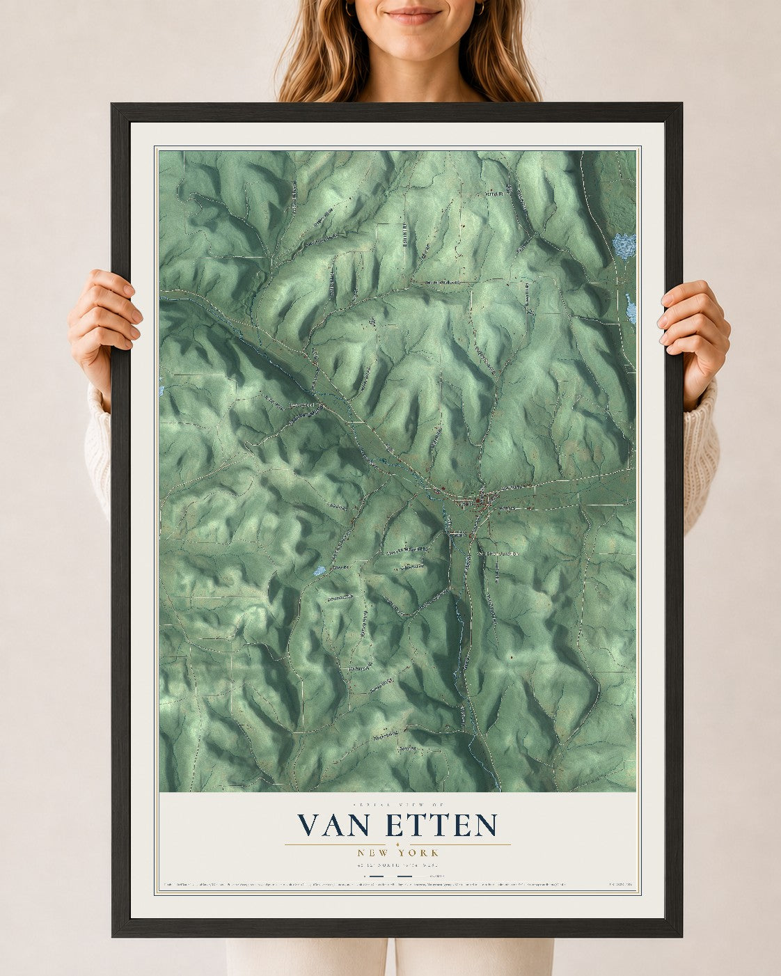 Van Etten, New York map print, 24" x 36" W/ Black Ayous Wood Frame mockup