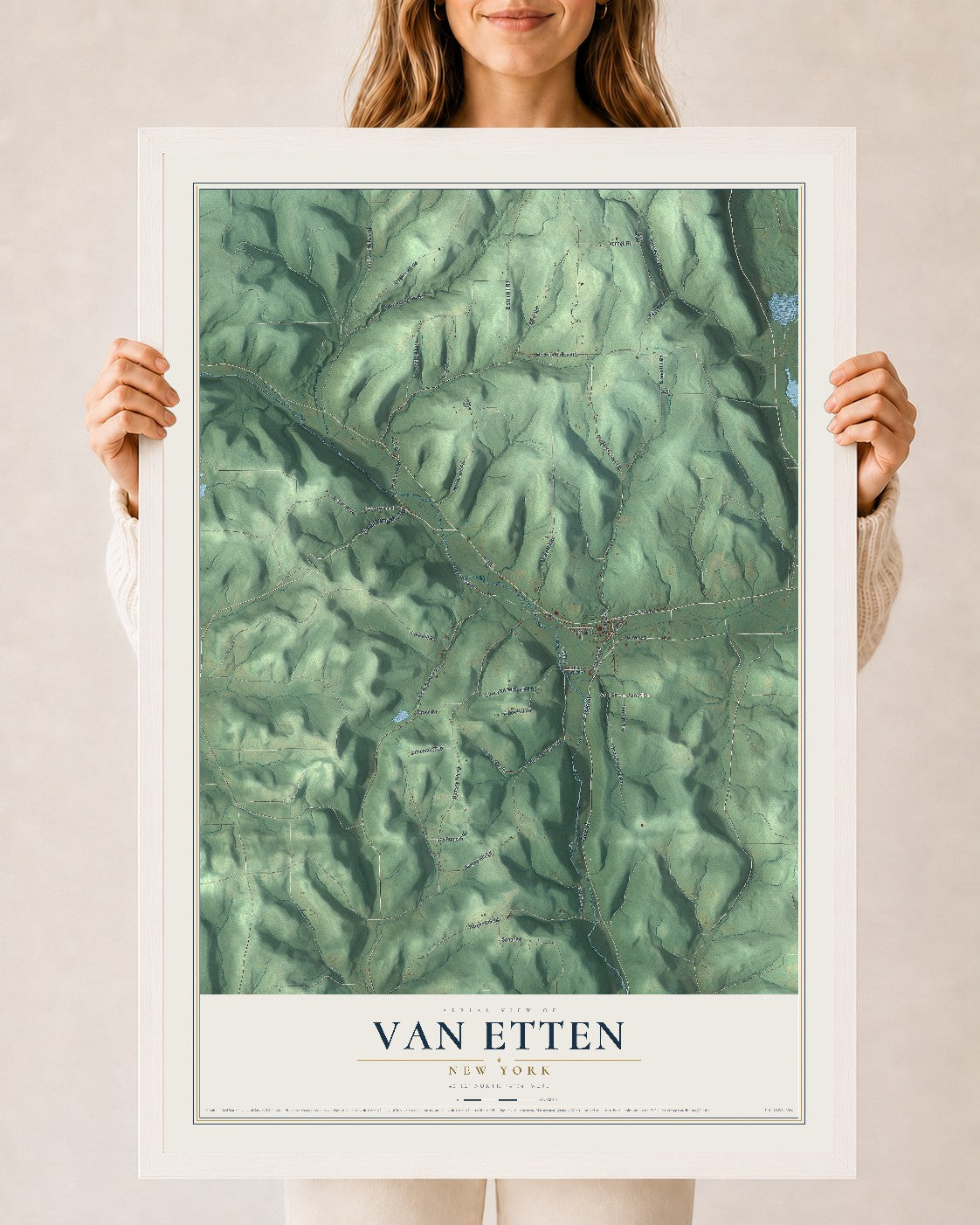Van Etten, New York map print, 24" x 36" W/ White Ayous Wood Frame mockup