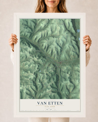 Van Etten, New York map print, 24" x 36" W/ White Ayous Wood Frame mockup
