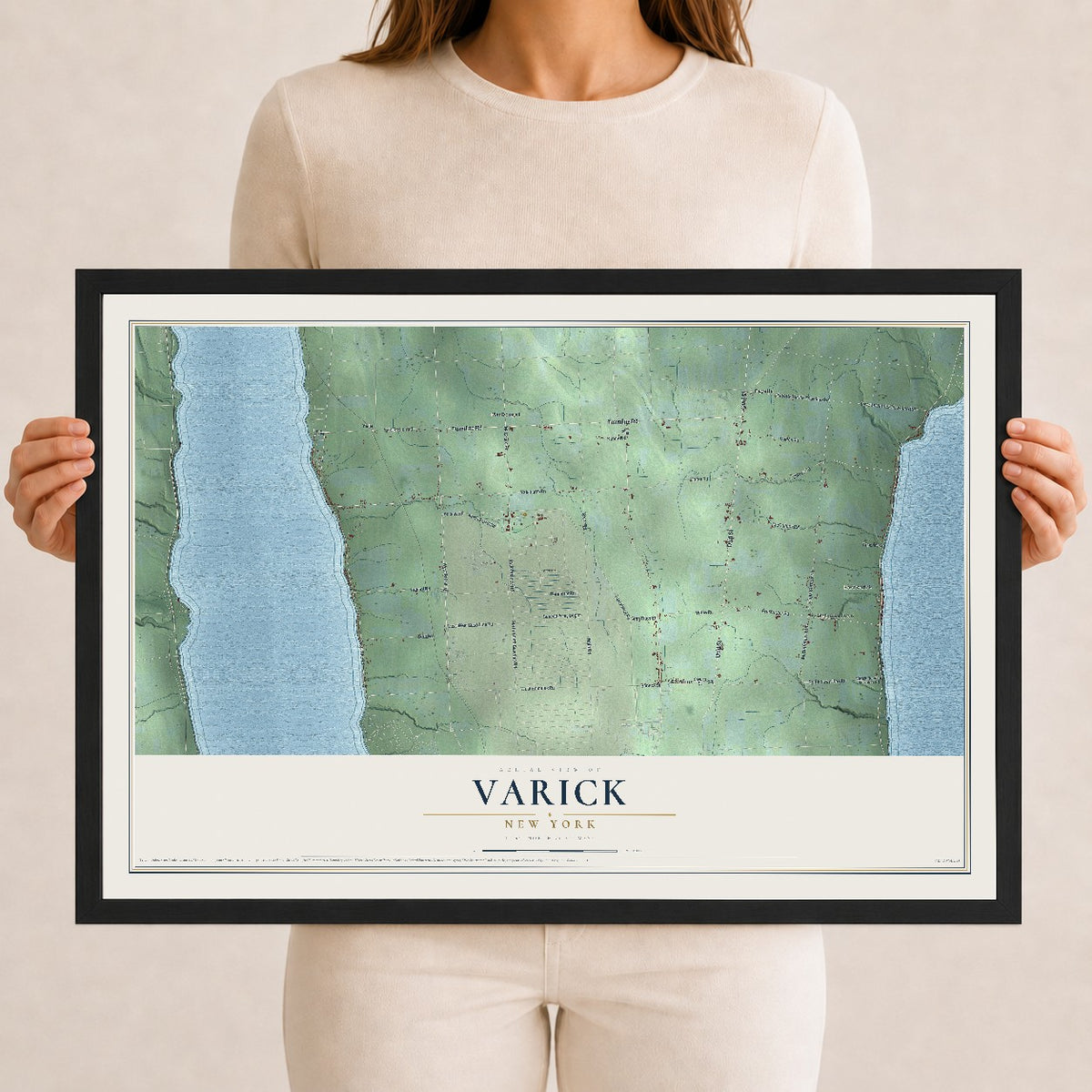 Varick, New York map print, 12" x 18" W/ Black Ayous Wood Frame mockup