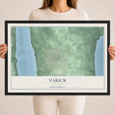 Varick, New York map print, 18" x 24" W/ Black Ayous Wood Frame mockup