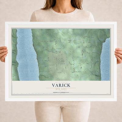 Varick, New York map print, 18" x 24" W/ White Ayous Wood Frame mockup