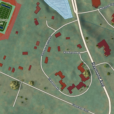 Close-up of the map of Vassar College, New York print showing street and building detail