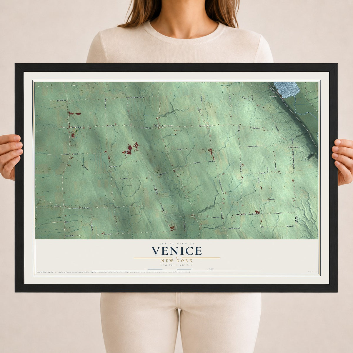 Venice, New York map print, 18" x 24" W/ Black Ayous Wood Frame mockup