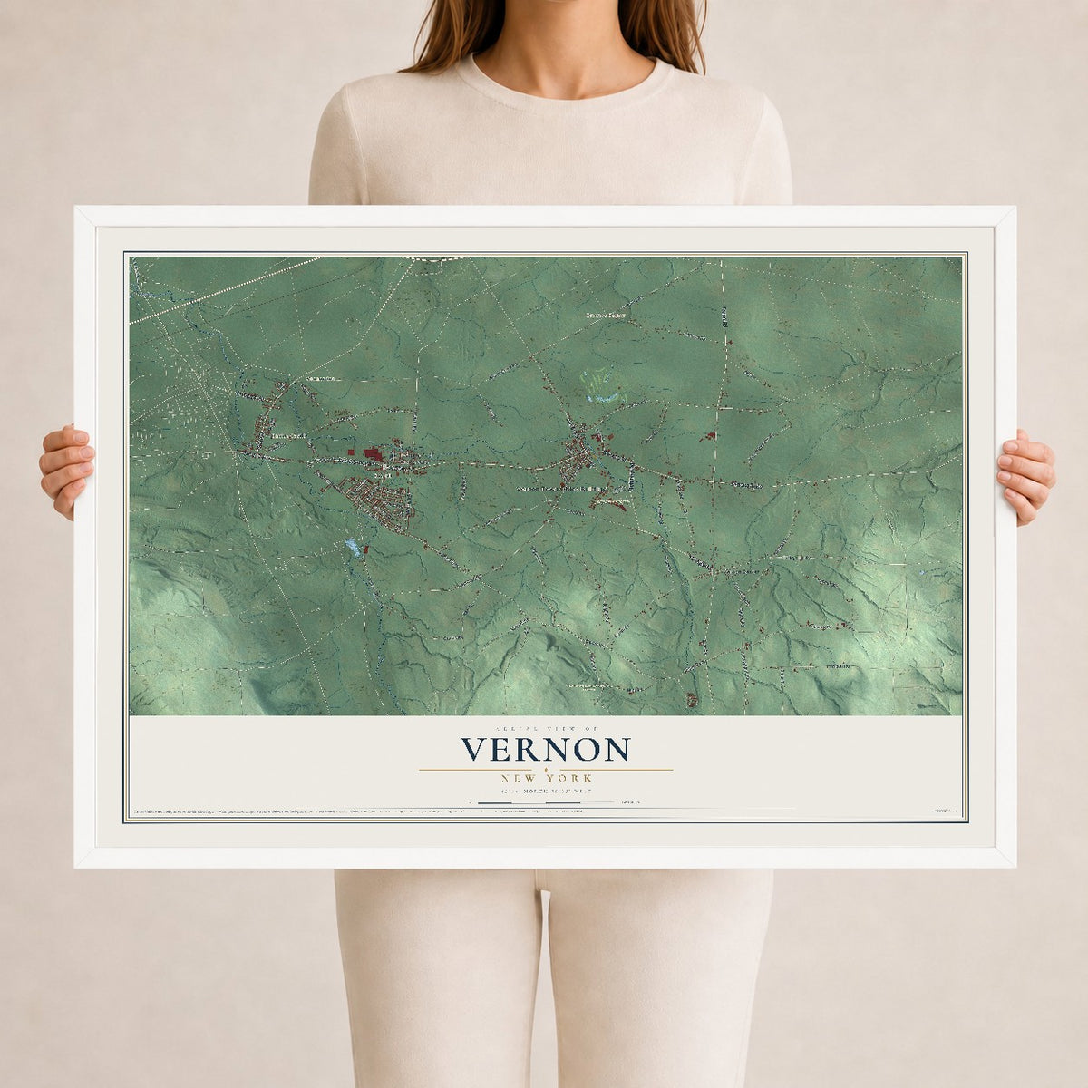 Vernon, New York map print, 24" x 36" W/ White Ayous Wood Frame mockup