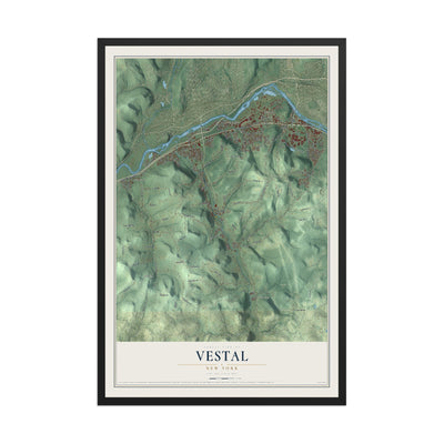 Vestal, New York map print, 12" x 18" W/ Black Ayous Wood Frame mockup