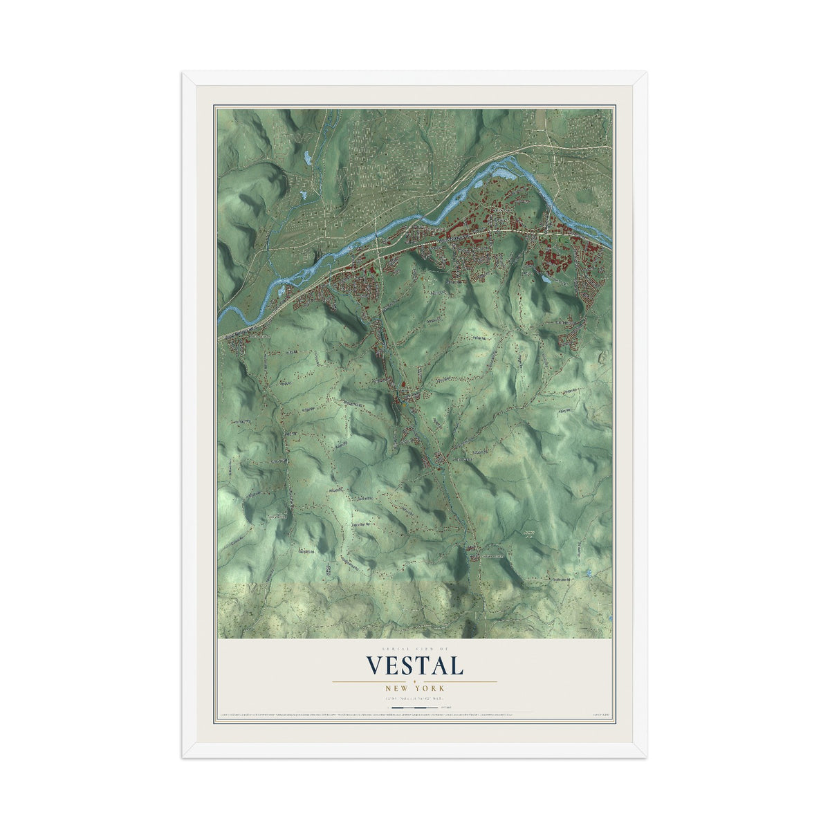 Vestal, New York map print, 12" x 18" W/ White Ayous Wood Frame mockup