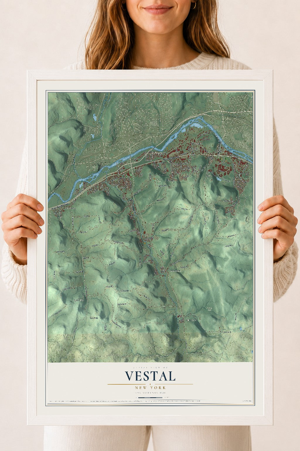 Vestal, New York map print, 18" x 24" W/ White Ayous Wood Frame mockup