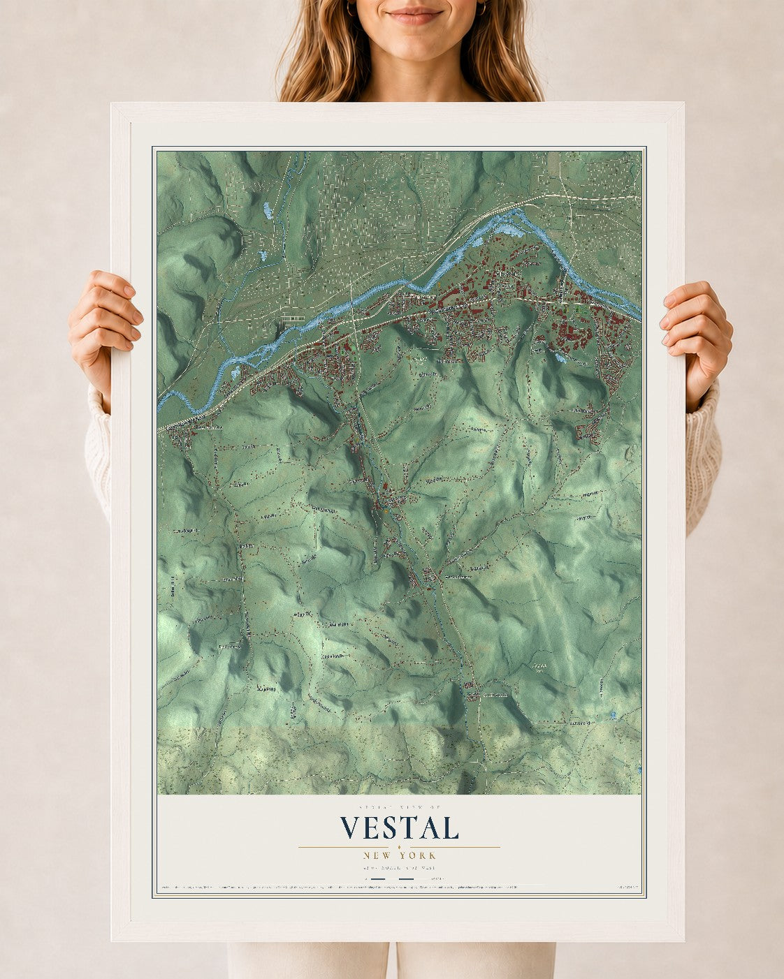 Vestal, New York map print, 24" x 36" W/ White Ayous Wood Frame mockup