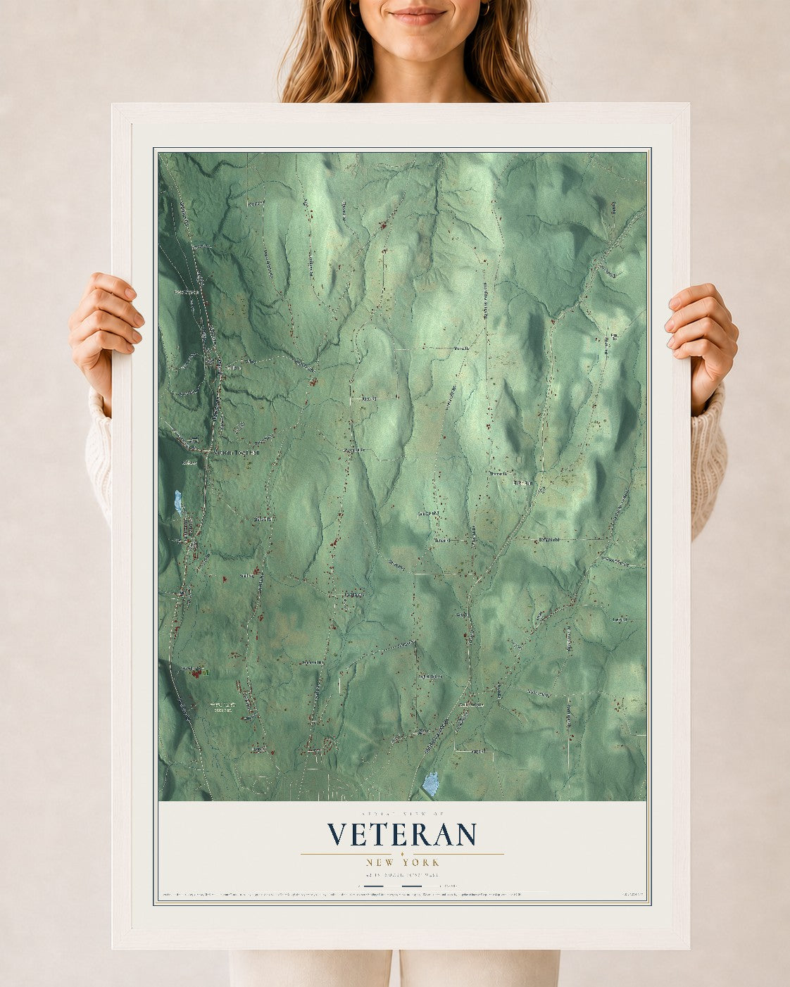 Veteran, New York map print, 24" x 36" W/ White Ayous Wood Frame mockup