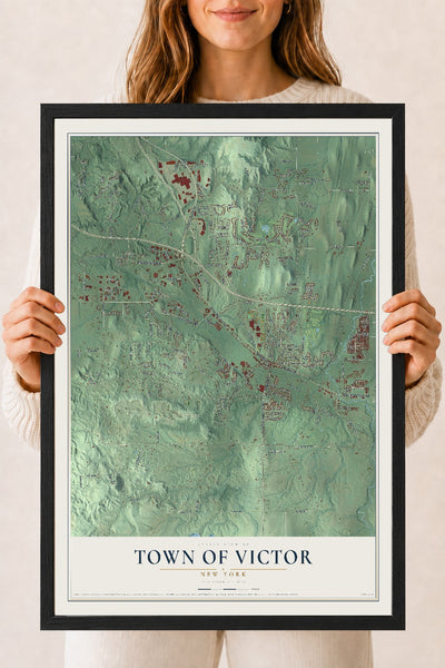 Victor, New York map print, 18" x 24" W/ Black Ayous Wood Frame mockup