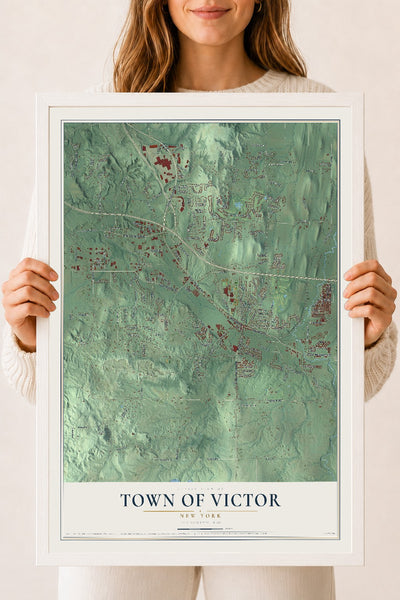 Victor, New York map print, 18" x 24" W/ White Ayous Wood Frame mockup