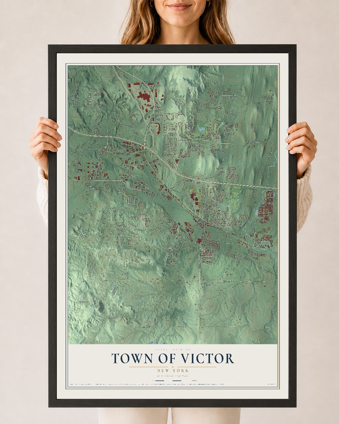 Victor, New York map print, 24" x 36" W/ Black Ayous Wood Frame mockup