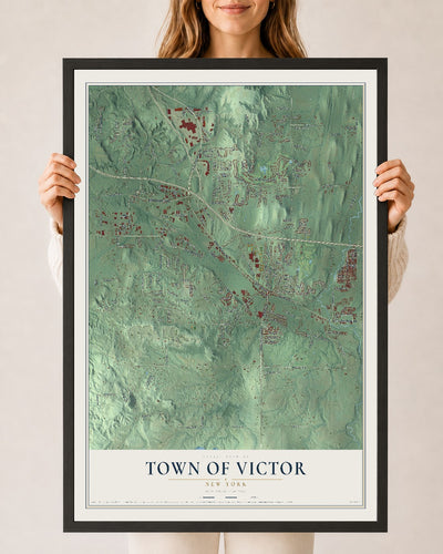 Victor, New York map print, 24" x 36" W/ Black Ayous Wood Frame mockup
