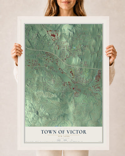 Victor, New York map print, 24" x 36" W/ White Ayous Wood Frame mockup