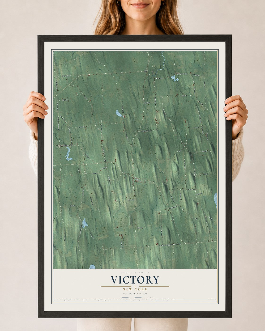 Victory, New York map print, 24" x 36" W/ Black Ayous Wood Frame mockup