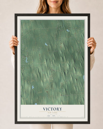 Victory, New York map print, 24" x 36" W/ Black Ayous Wood Frame mockup