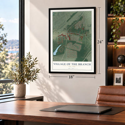 Village of the Branch, New York map, 18 x 24 inch print in a black frame in a home office