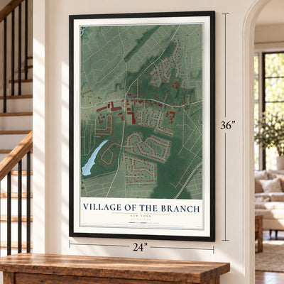 Village of the Branch, New York map, 24 x 36 inch print in a black frame by a staircase