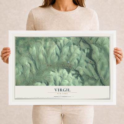 Virgil, New York map print, 12" x 18" W/ White Ayous Wood Frame mockup