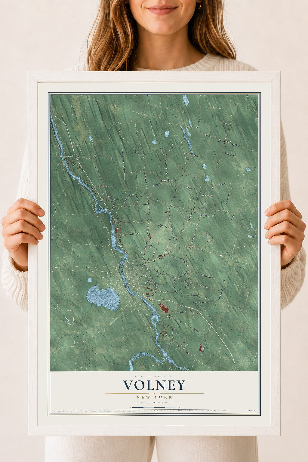 Volney, New York map print, 18" x 24" W/ White Ayous Wood Frame mockup