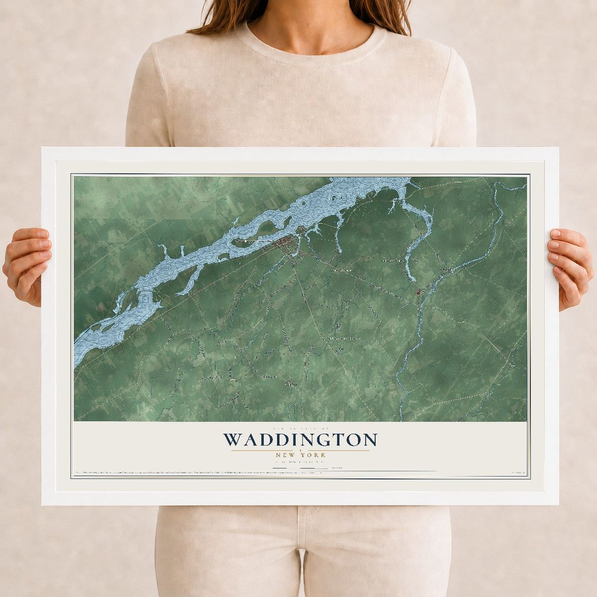 Waddington, New York map print, 12" x 18" W/ White Ayous Wood Frame mockup