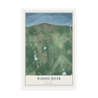 Wading River, New York map print, 12" x 18" W/ White Ayous Wood Frame mockup