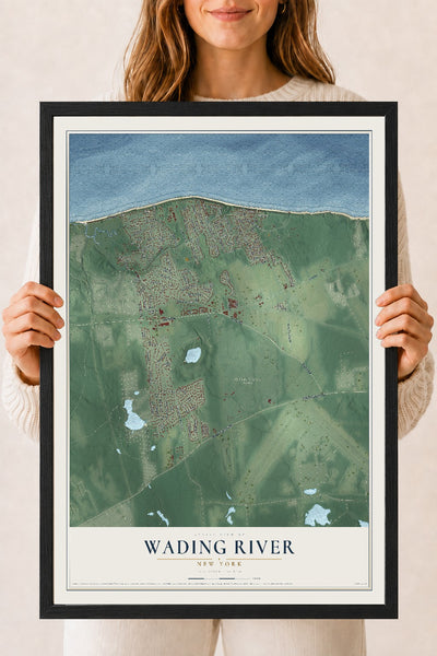 Wading River, New York map print, 18" x 24" W/ Black Ayous Wood Frame mockup