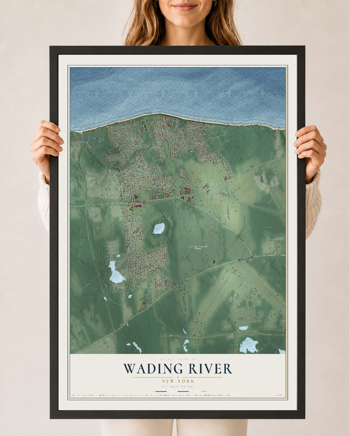Wading River, New York map print, 24" x 36" W/ Black Ayous Wood Frame mockup