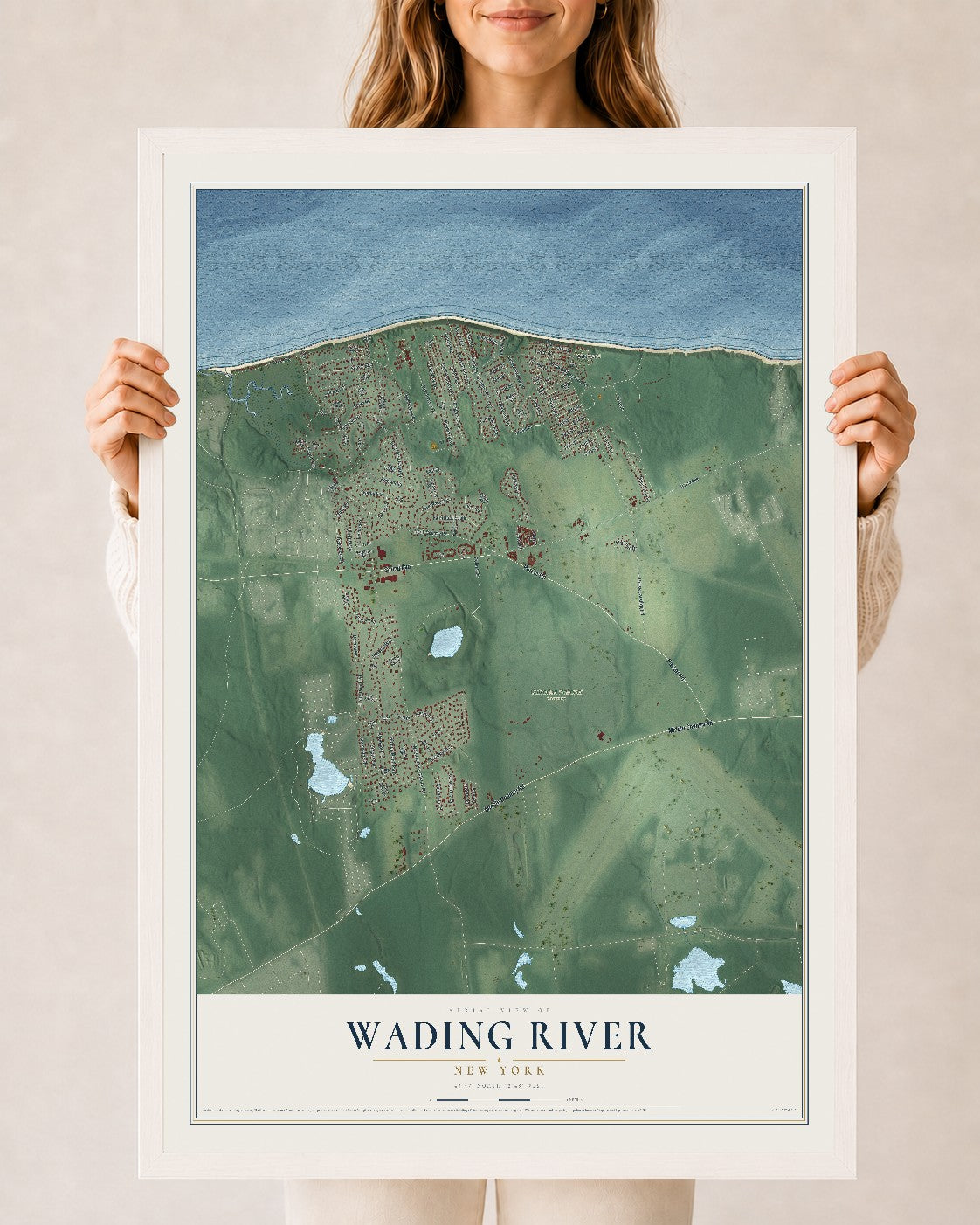 Wading River, New York map print, 24" x 36" W/ White Ayous Wood Frame mockup