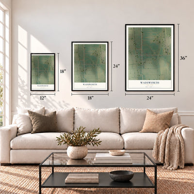 Wadsworth, New York map in 12 x 18, 18 x 24 and 24 x 36 inch sizes above a sofa