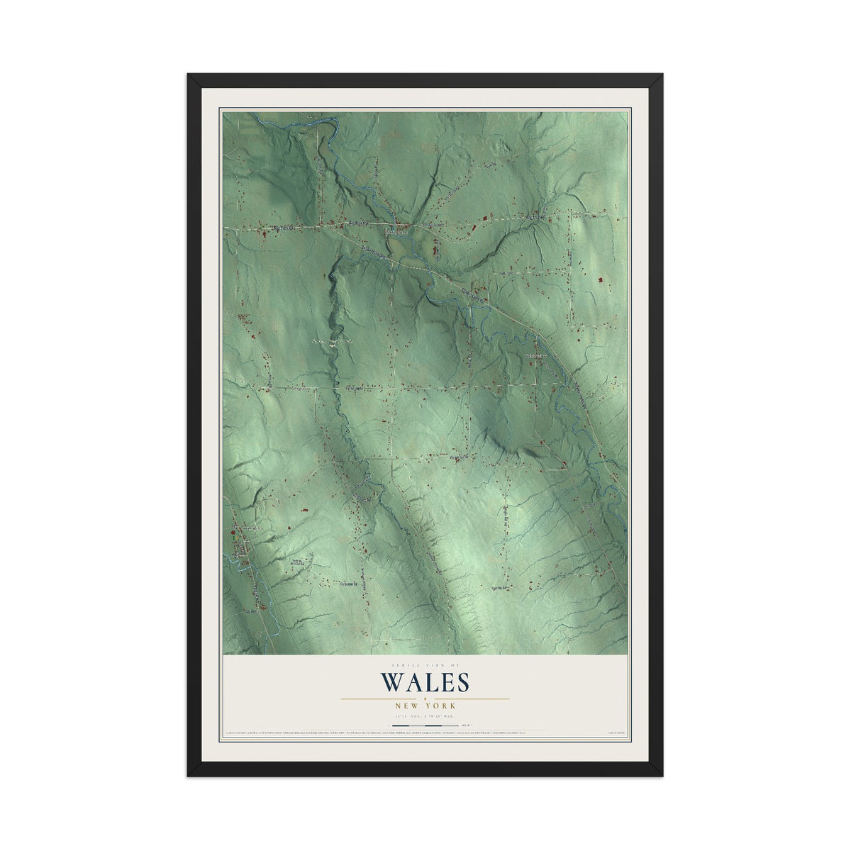 Wales, New York map print, 12" x 18" W/ Black Ayous Wood Frame mockup