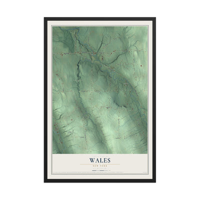 Wales, New York map print, 12" x 18" W/ Black Ayous Wood Frame mockup