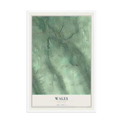 Wales, New York map print, 12" x 18" W/ White Ayous Wood Frame mockup