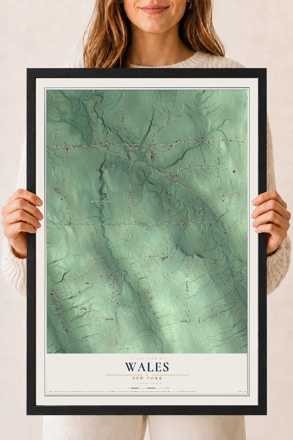 Wales, New York map print, 18" x 24" W/ Black Ayous Wood Frame mockup
