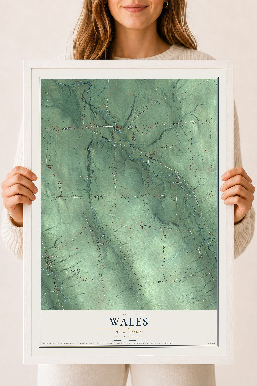 Wales, New York map print, 18" x 24" W/ White Ayous Wood Frame mockup