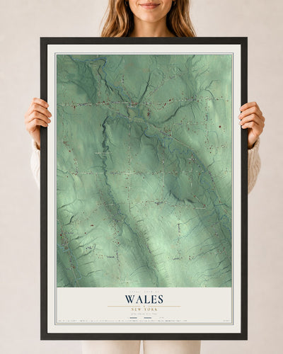 Wales, New York map print, 24" x 36" W/ Black Ayous Wood Frame mockup