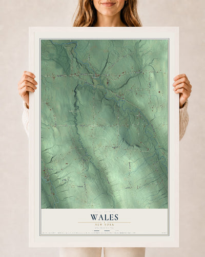 Wales, New York map print, 24" x 36" W/ White Ayous Wood Frame mockup
