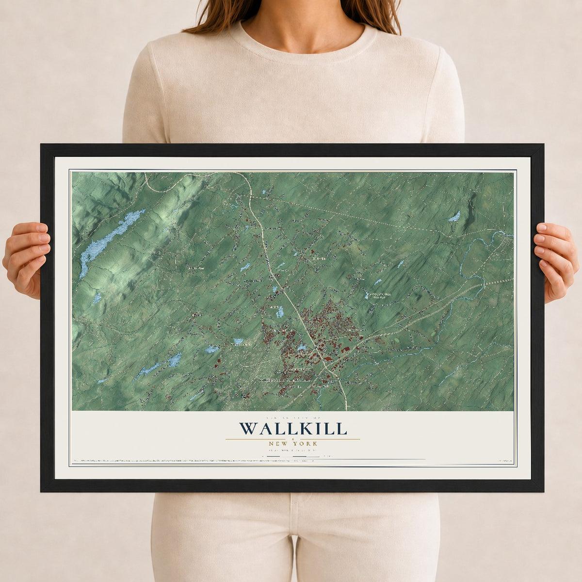 Wallkill, New York map print, 12" x 18" W/ Black Ayous Wood Frame mockup