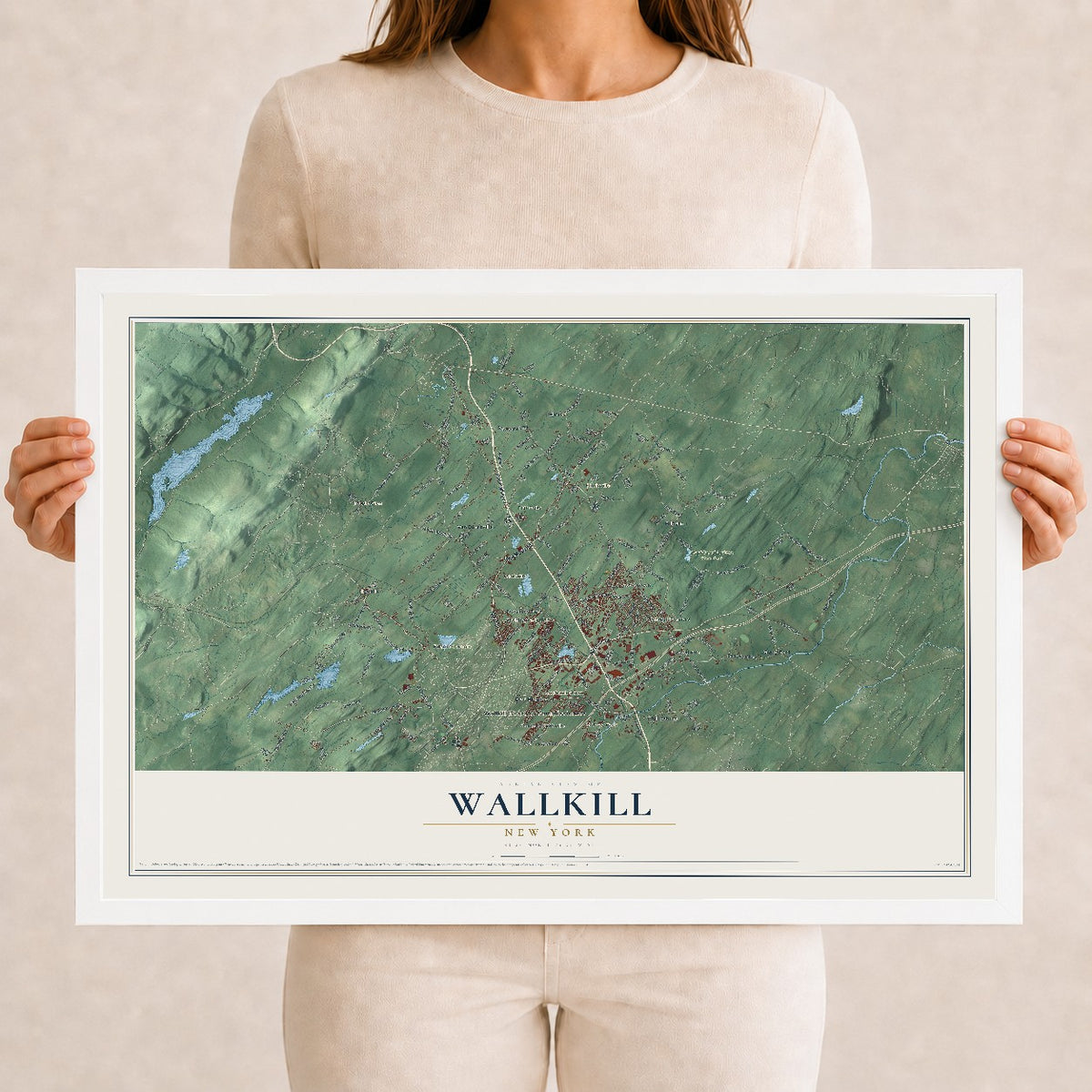 Wallkill, New York map print, 12" x 18" W/ White Ayous Wood Frame mockup