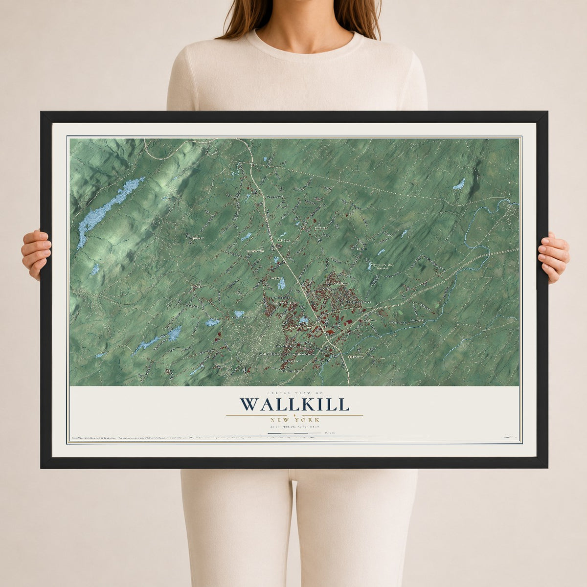 Wallkill, New York map print, 24" x 36" W/ Black Ayous Wood Frame mockup