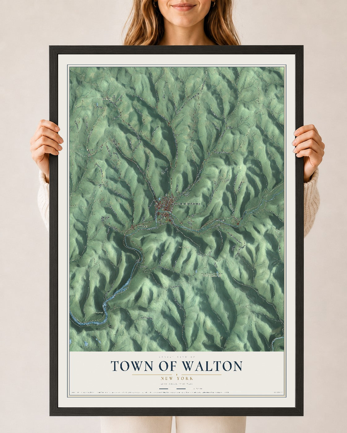 Walton, New York map print, 24" x 36" W/ Black Ayous Wood Frame mockup