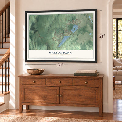 Walton Park, New York map, 24 x 36 inch print in a black frame above a dresser by a staircase