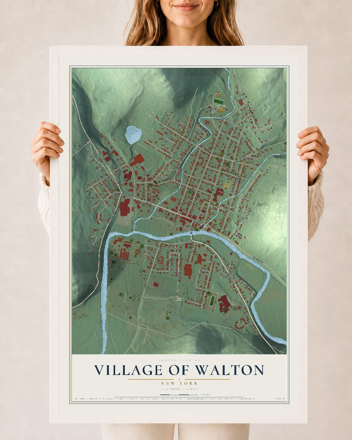 Walton, New York map print, 24" x 36" W/ White Ayous Wood Frame mockup