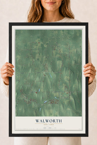 Walworth, New York map print, 18" x 24" W/ Black Ayous Wood Frame mockup