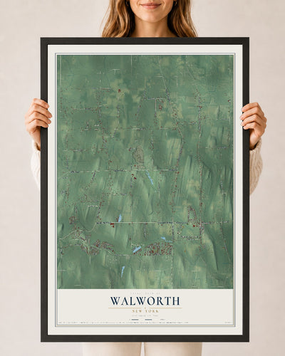 Walworth, New York map print, 24" x 36" W/ Black Ayous Wood Frame mockup