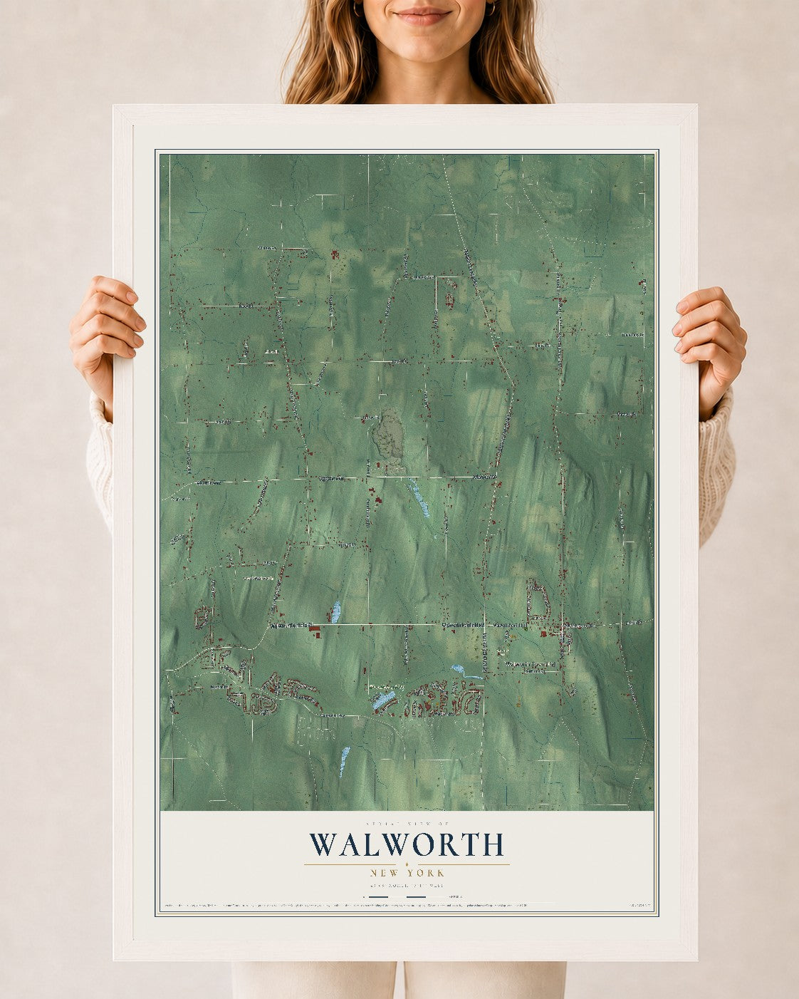 Walworth, New York map print, 24" x 36" W/ White Ayous Wood Frame mockup